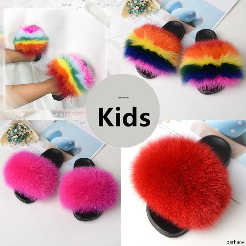 2020 Real Fox Slippers Kids Winter Fur Child Home Slides Girls sliders Raccoon Fluffy Chinelo Flats Beach Summer Children Indoor | Обувь