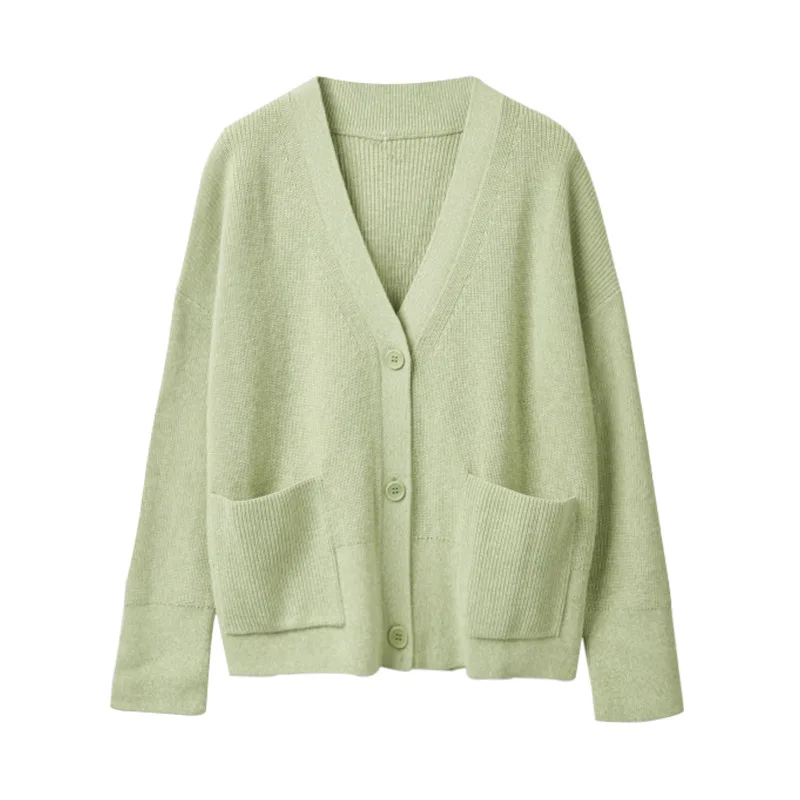 

Women Sweater 2020 Autumn and Winter New Style V-neck Long-sleeved Green Loose Knitted Cardigan
