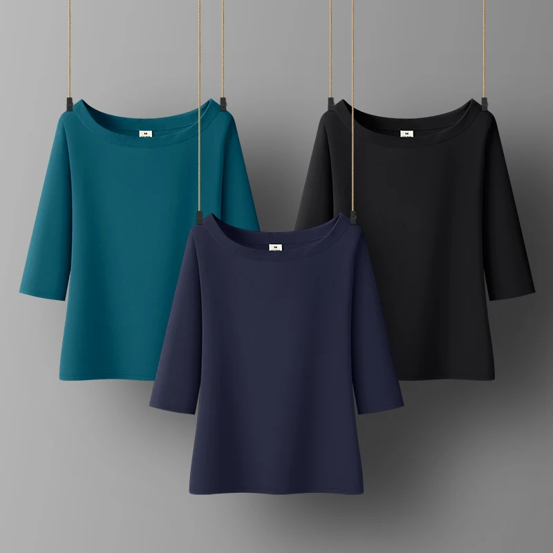 

Women Soft Cotton T-shirt Slash Collar Solid color Lady Tees Half Sleeve Summer Women's clothings All match Female T-shirts