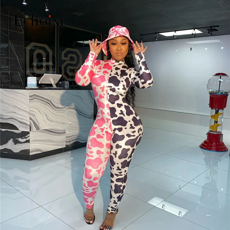 Женский комбинезон из спандекса с длинным рукавом и принтом коровы |