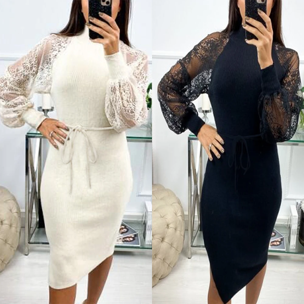 Женское платье однотонное до колена весна 2020 водолазка кружевное с