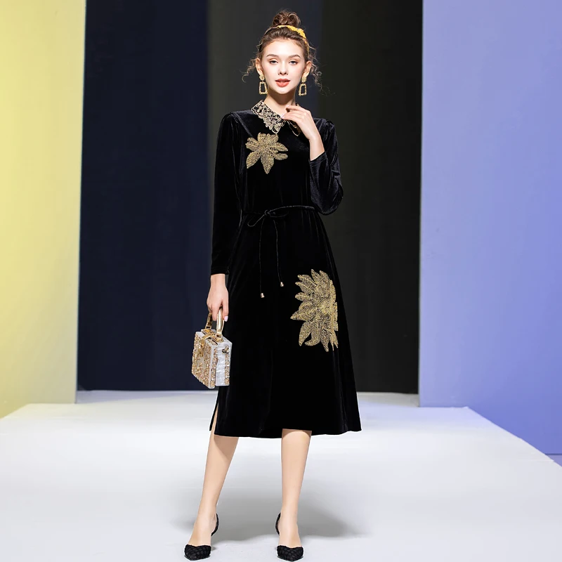 

Runway Autumn Women Gorgeous Flowers Embroidered Lapel Beading Patchwork Black Velvet Fashion Office Casual Vintage Midi Dress