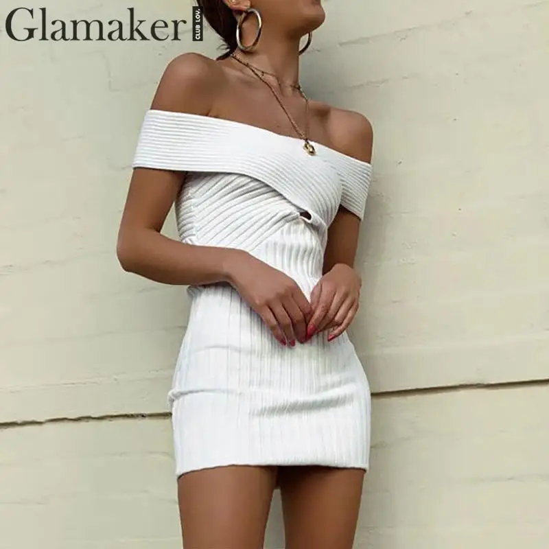 Glamaker трикотажное сексуальное платье-свитер с открытыми плечами для женщин зима-осень вечерние короткое Клубное платье Элегантное Черное вечернее платье