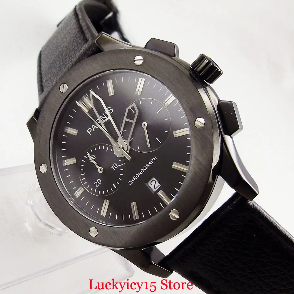 PARNIS кварцевые часы мужские наручные с функцией хронографа 44 мм PVD покрытием