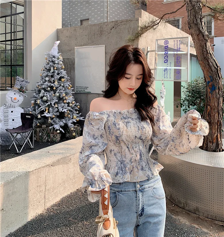 

Summer Fashion Ladies' Shirts Printed Tops Folds Waist Slimming Shirts Retro Long-sleeved Shirts Chiffon Shirts, Corsets shirt