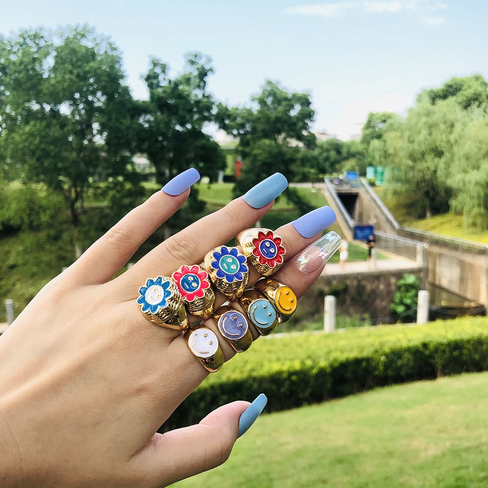 Aesthetic Colorful Evil Eyes Love Heart Rings for Women Sweet Sunflower Drip Oil Enamel Metal Gold Finger Couple Jewelry | Украшения и