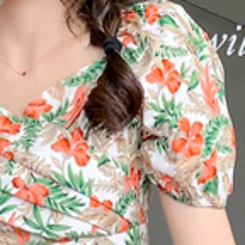 

Women Casual Print Short Sleeved Sexy V-neck Dresses 2021 Sundresses Korean Fashion Vintage Mini Party Fold Robes Vestidos Mujer