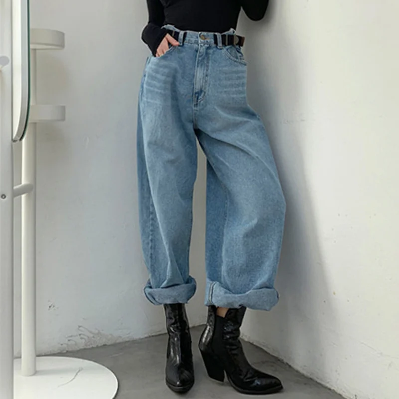 

Lazy Wind Vintage Dad Jeans Women Plus Size Jeans England Style Belt Design Waist Wide Leg Straight High Waist Jeans mujer