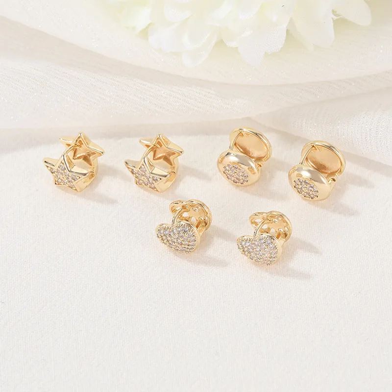 

14k Gold Heart Star Micro Stone Stud Earrings Fashion Romantic Jewelry Geometric Circle Luxury Rhinestone Crystal