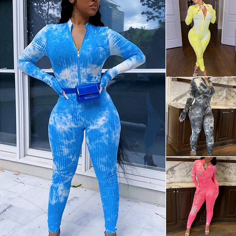 

Tie Dye Printed Zipper Bodycon Rompers Womens Jumpsuit Long Sleeve Skinny Casual Sporty Long Jumpsuits
