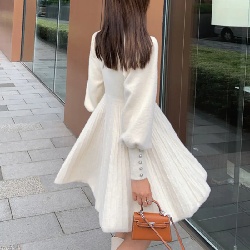 high quality autumn winter knitted sweater dress women korean sweet vestidos long sleeve button casual pull mini dress for women free global shipping