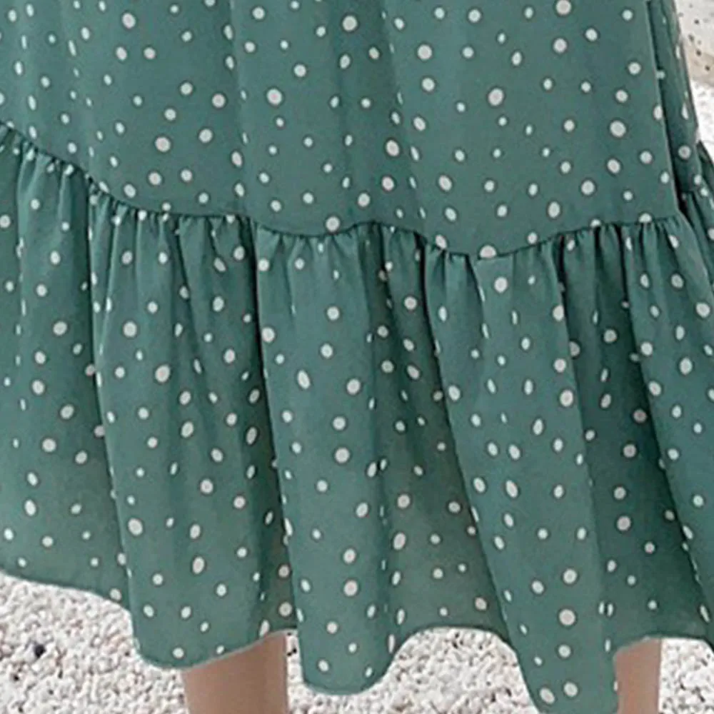 

Direcly 2020 spring summer dress women chiffon Vintage Dot Floral long sleeve bow neck Pleated office beach dresses party dress