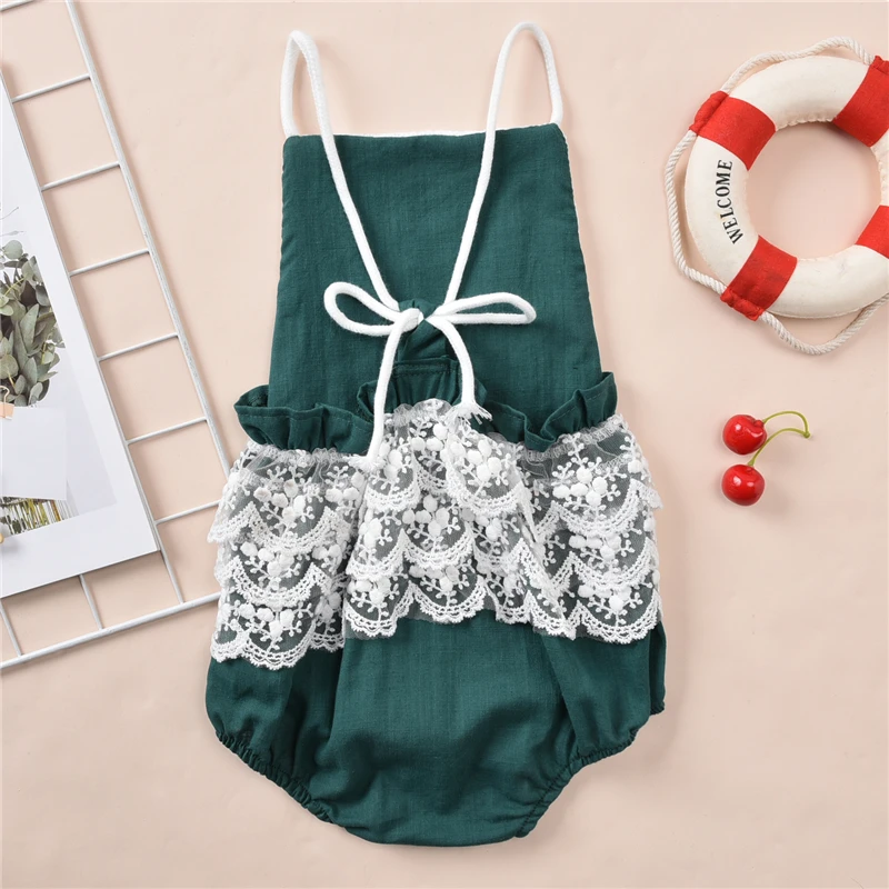 

2021 Hot Sale Fashion Baby's Lace Pattern Jumpsuit Toddler Girl Solid Color Square Neck Sling and Short Pants Romper Wholesale