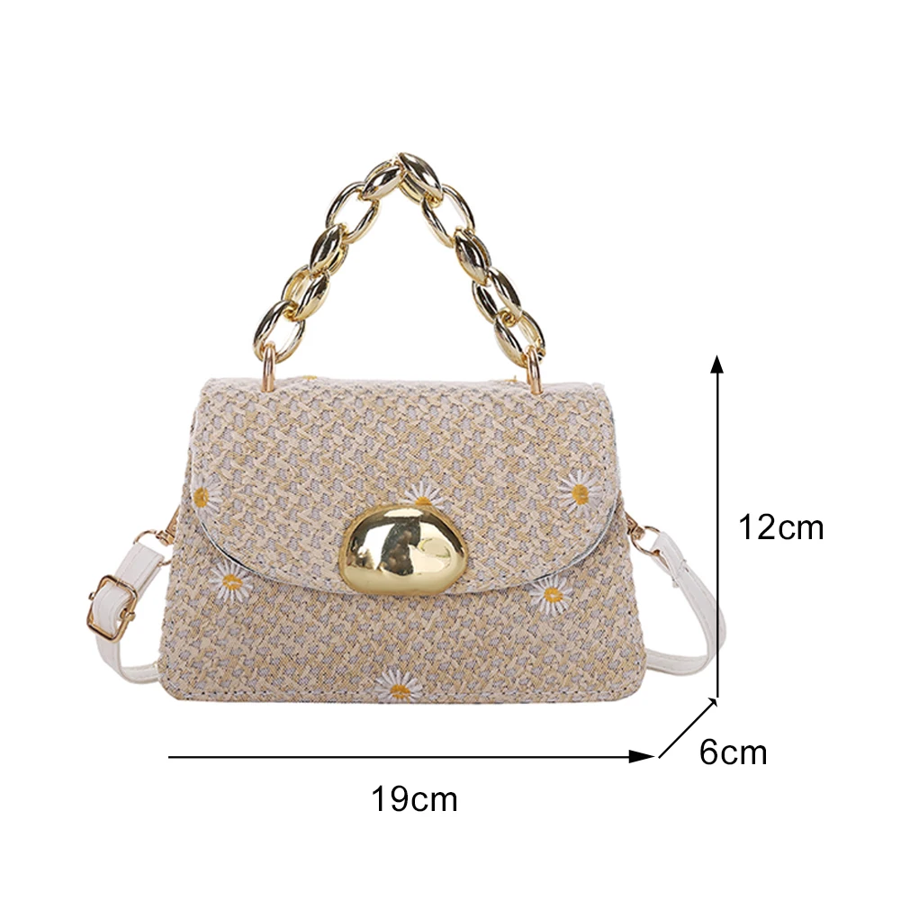 

Fashion Women Daisy Embroidery Straw Woven Shoulder Crossbody Bags Thick Chain Messenger Bag Casual Ladies Summer Beach Handbags