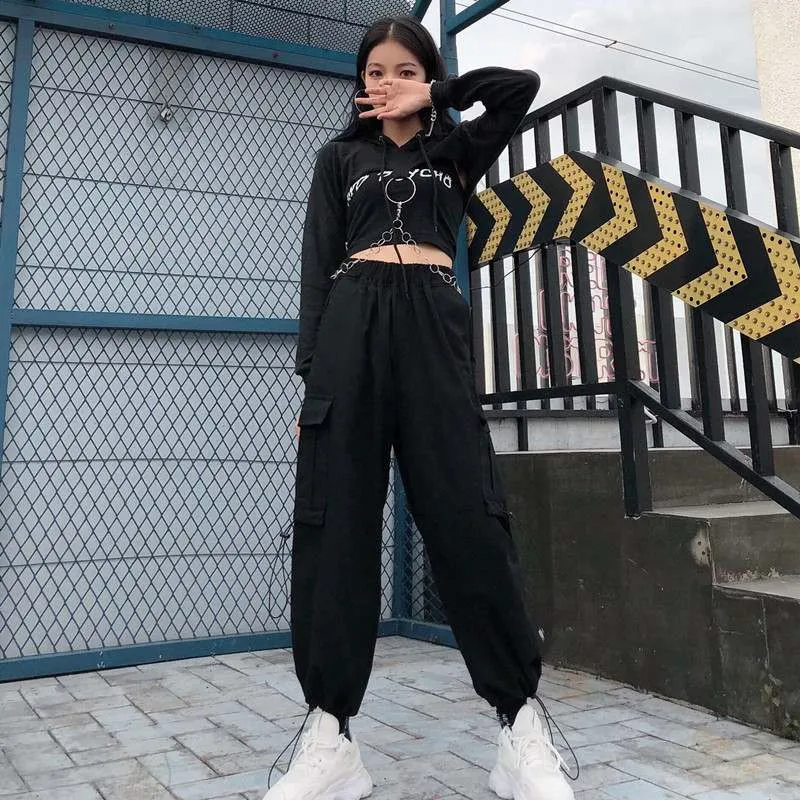Черные корейские брюки женские летние карго в стиле хип хоп повседневные