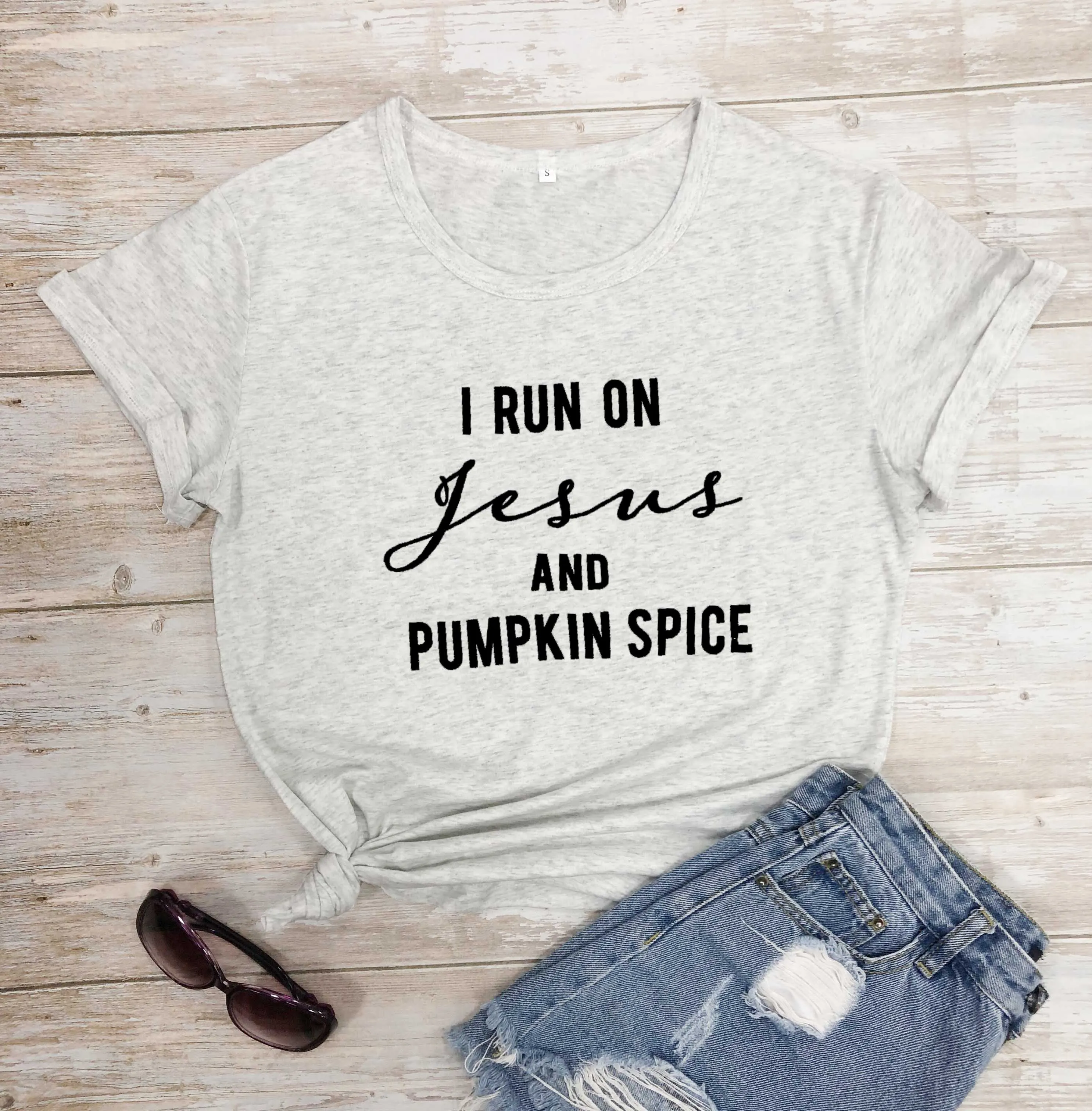 

I Run On Jesus and Pumpkin Spice in vintage cream on a heather autumn tee funny slogan women fashion grunge tumblr t shirt tops