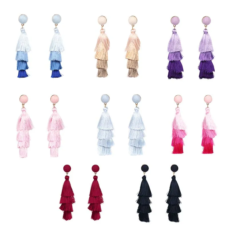 Богемные серьги с кисточками и кристаллами черные белые синие красные розовые