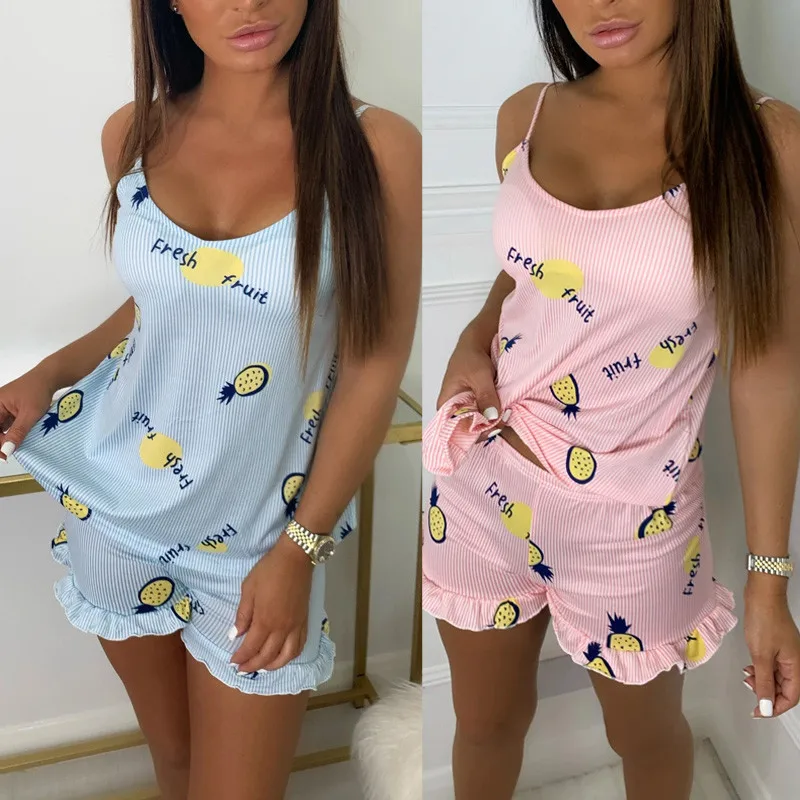 

HIRIGIN Sexy Women Pajama Sets Sleepwear Nightwear Pineapple Print V-neck Strap Tanks Tops Ruffles Shorts Pants Pajama Sets 2021