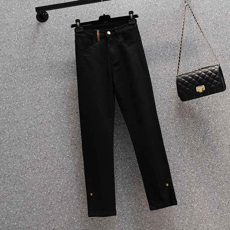 Женские джинсы в стиле пэчворк Стрейчевые прямые брюки из денима с разрезом