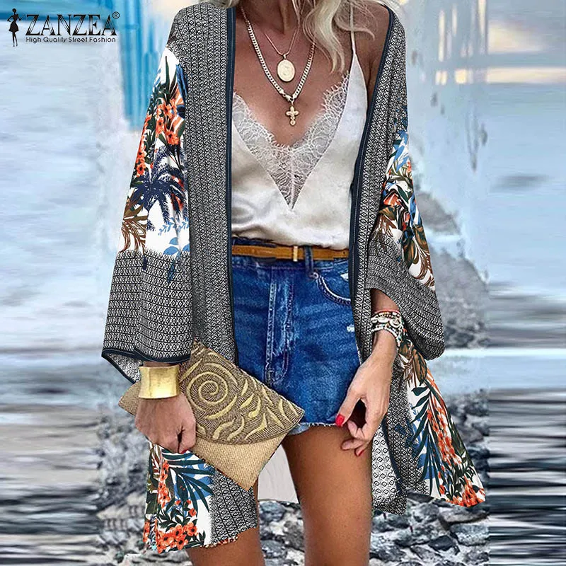 

Bohemian Summer Floral Printed Blouse ZANZEA Vintage Women Beach Holiday Cardigan Kimonos Long Sleeve Open Front Shirt Loose Top