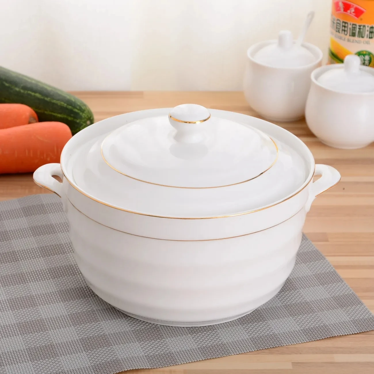 

Ceramic Soup Pot Household Double Ears with Lid Ceramic Soup Nest Creative Stew Pot Pure White Large Capacity Rice Soup Bowl