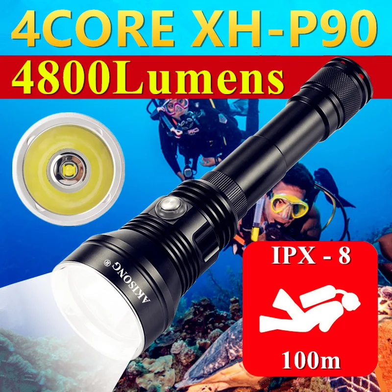 

4CORE XHP90 Underwater 100m LED Diving Powerful Flashlight High Power Waterproof Tactical Torch 26650 Scuba Dive Fill Lights
