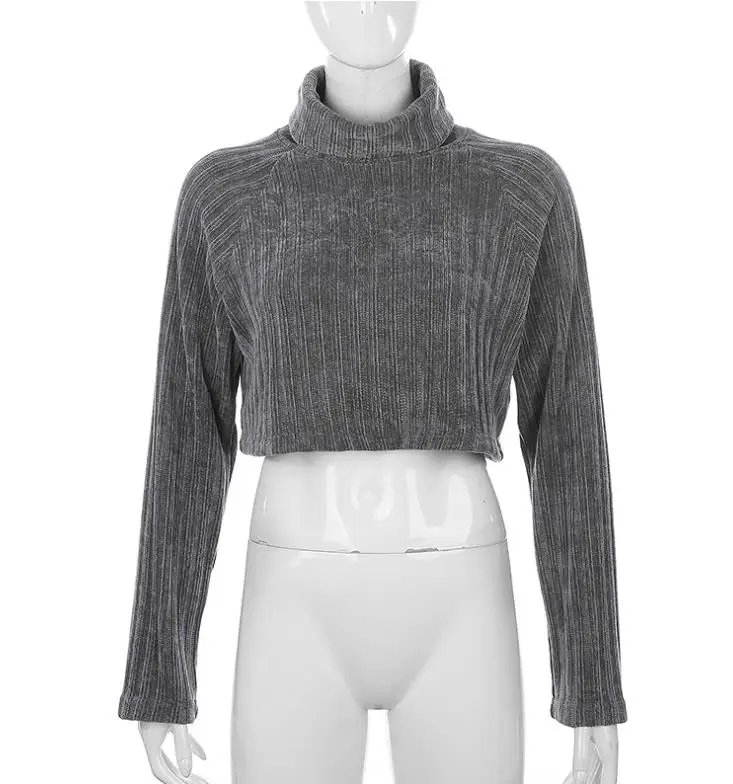 Женский вязаный свитер с длинным рукавом повседневный серый укороченный топ