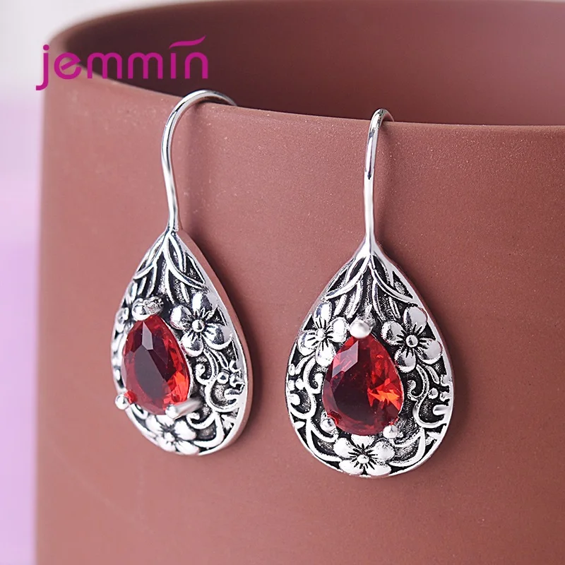 

Trendy Flower Red Ruby Drop Earrings Genunie 925 Sterling Silver Jewelry Earrings Women Engagement Party Gift
