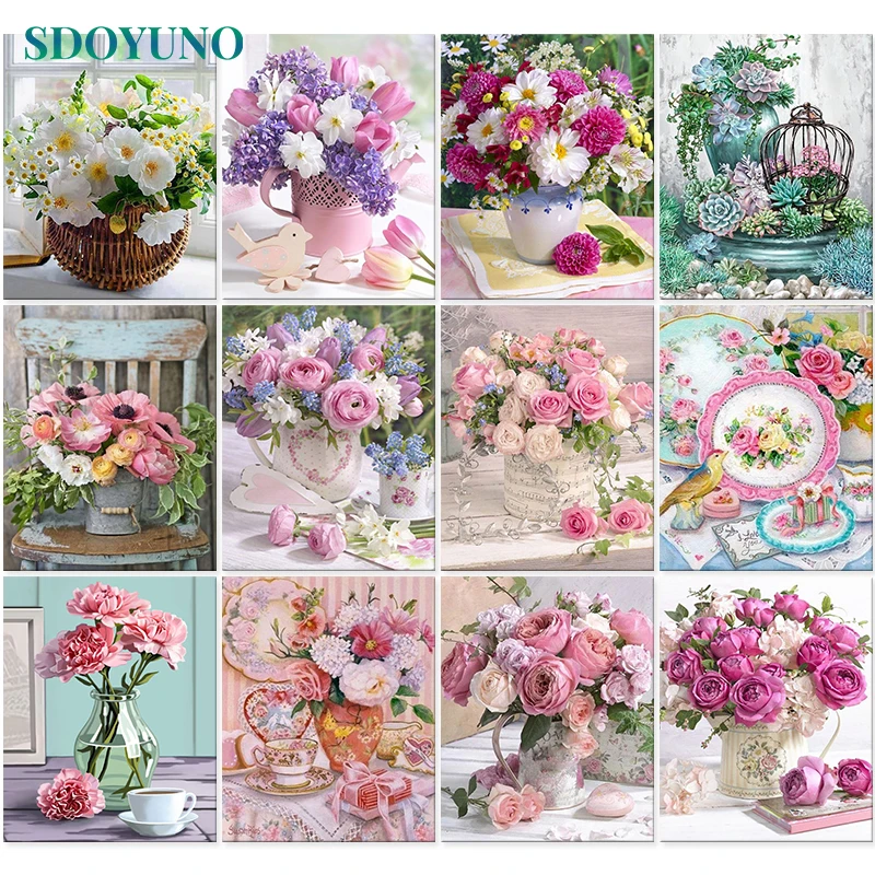 

SDOYUNO 60x75cm DIY Oil Painting By Numbers Kits Pink Flowers Paint By Numbers On Canvas Frameless Hand Painting Home Decor