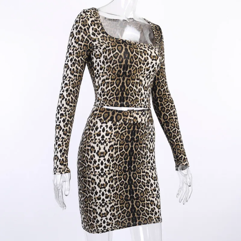 Hugcitar leopard print long sleeve with gloves sexy crop top skirt 2 pieces set autumn winter women streetwear outfits