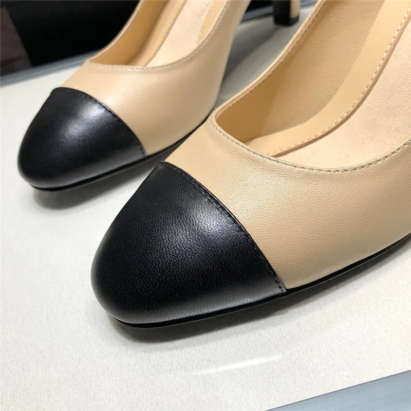 

2021 Spring Leather Women's Shoes Color Matching Shallow Mouth Single Shoes Women Round Toe Thick Heel Soft Leather Pearl Shoes