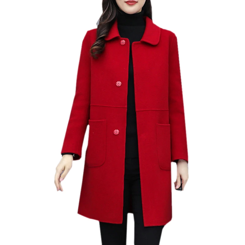 

2022 New Women Autumn Winter Single-breasted Midi Coat Woolen Outwear Office Long Sleeve Woolen Coat female Wool Coats R307