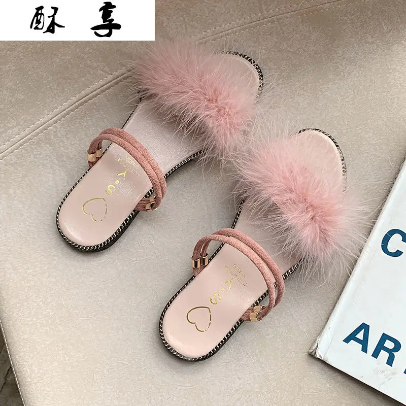 

2021 Fashion Women's Shoes Flat Shoes Sandals New Feather Open Toe Sexy Beach Shoes Summer Women's Cute Pink Casual Slippers