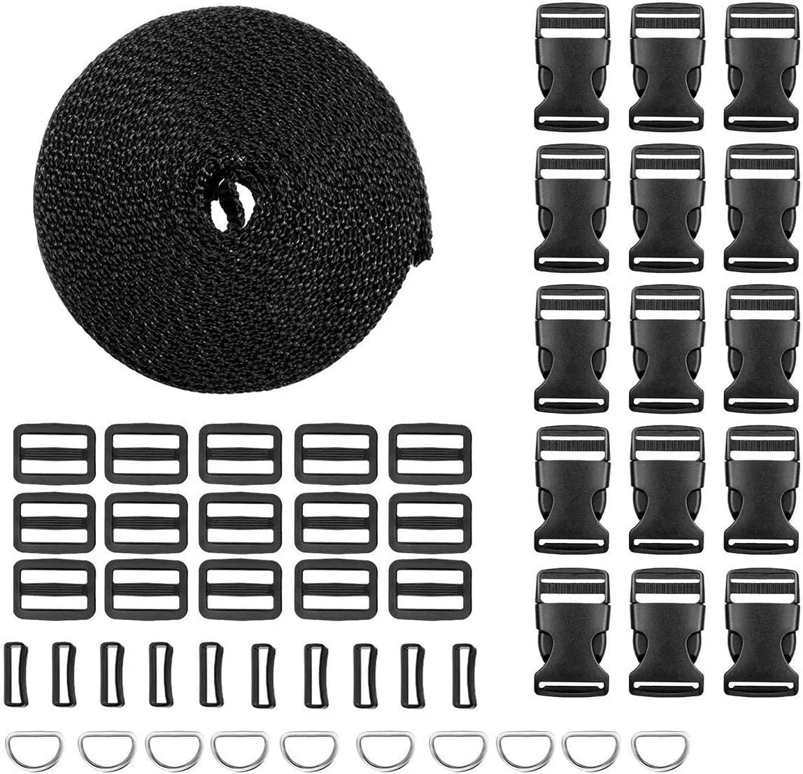 

Nylon Heavy Webbing Straps Flat Side Release Buckles, Tri-Glide Slides and D Rings for DIY Making Luggage Strap, Pet Collar