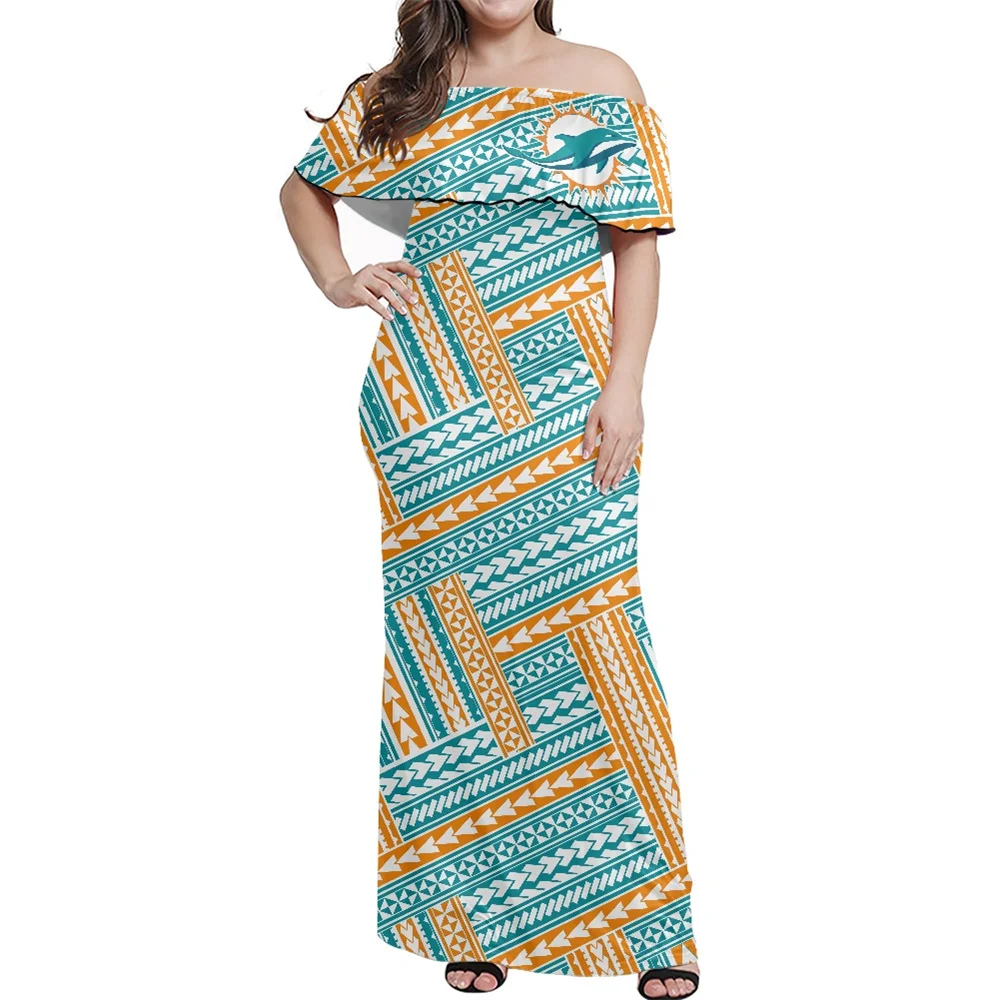 

Dropshipping National Rugby Union Miami Dolphins Dresses Women Lady Elegant Off The Shoulder Ruffle Party Maxi Ladies Dresses