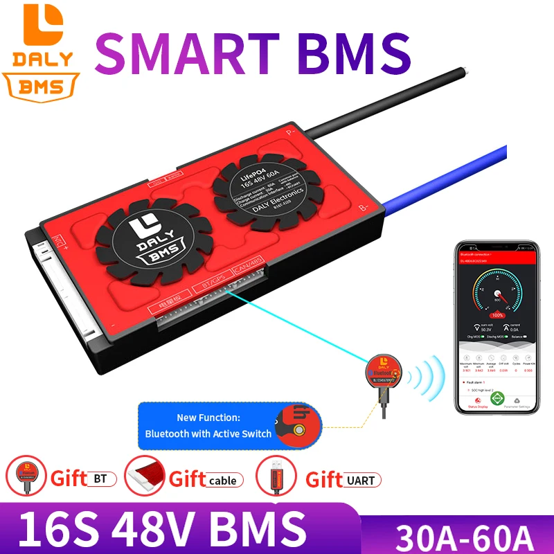 

Daly 3.2v 18650 smart BMS 16S 48V 30A 40A 60A Bluetooth 485 to USB device NTC UART software togther Lion LiFepo4 Battery BMS