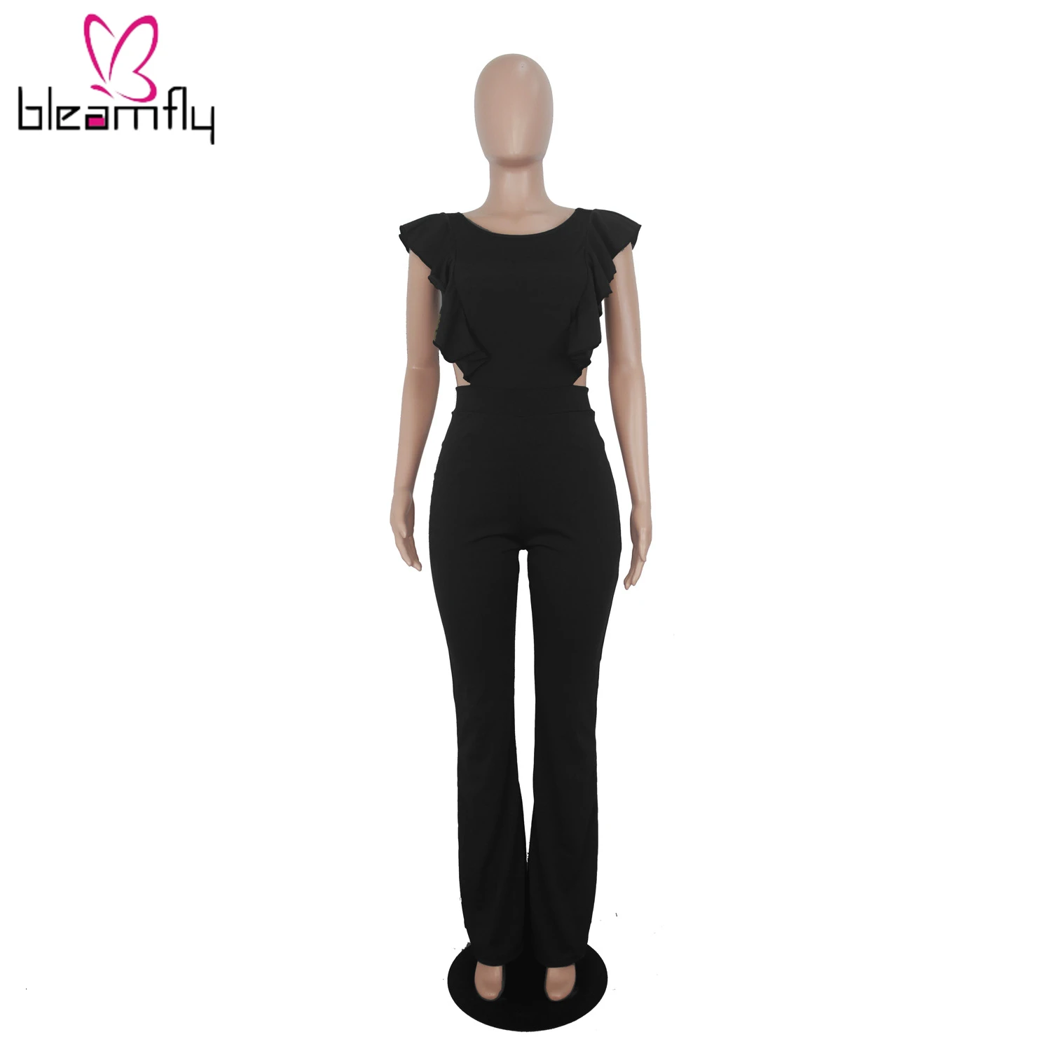 2019 Женский Летний комбинезон без рукавов с оборками широкими штанинами открытой