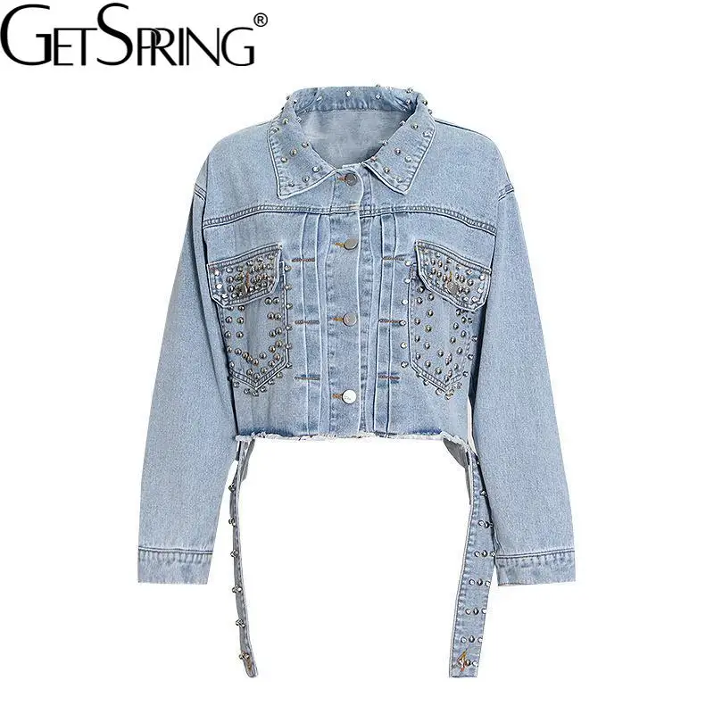 

Getspring Women Coat Asymmetry Rivet Patchwork Short Denim Jecket Coats Irregular Plus size Jeans Coats Jackets Women 2021 New