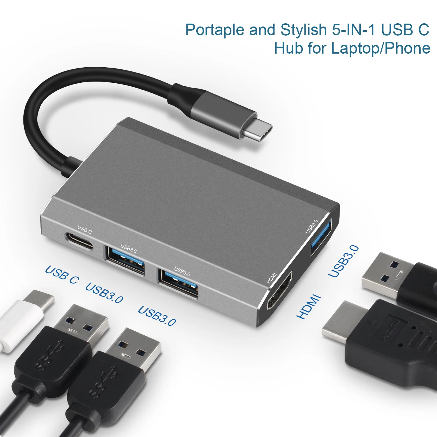 

5-In-1 TYPE C to PD USB3.0 Up to 5 GMbps 4K HDMI Hub For MacBook Phone With PD3.0 60W