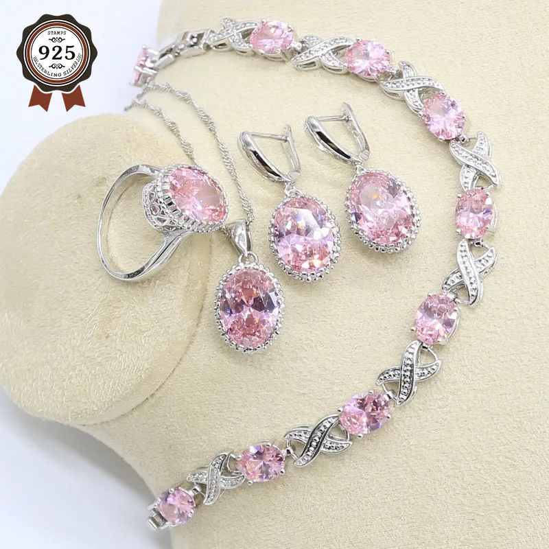 Овальная розовая циркониевая Серебряная Цветовая проекция с браслетом серьгами