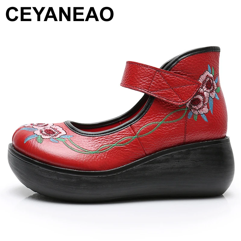 

CEYANEAO Retro Genuine Leather Shoes for Women xifairy g National Style Embroidery Shoes Thick Leather Wedge Shoes for Women