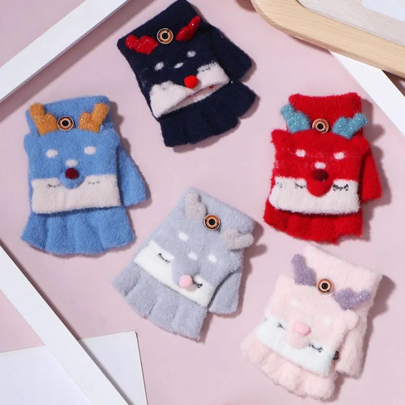 

Kids Christmas Warm Fingerless Gloves Cartoon Fawn Flip Gloves Outdoor Sports Half-Finger Mittens Baby Boys Girls Winter Gloves