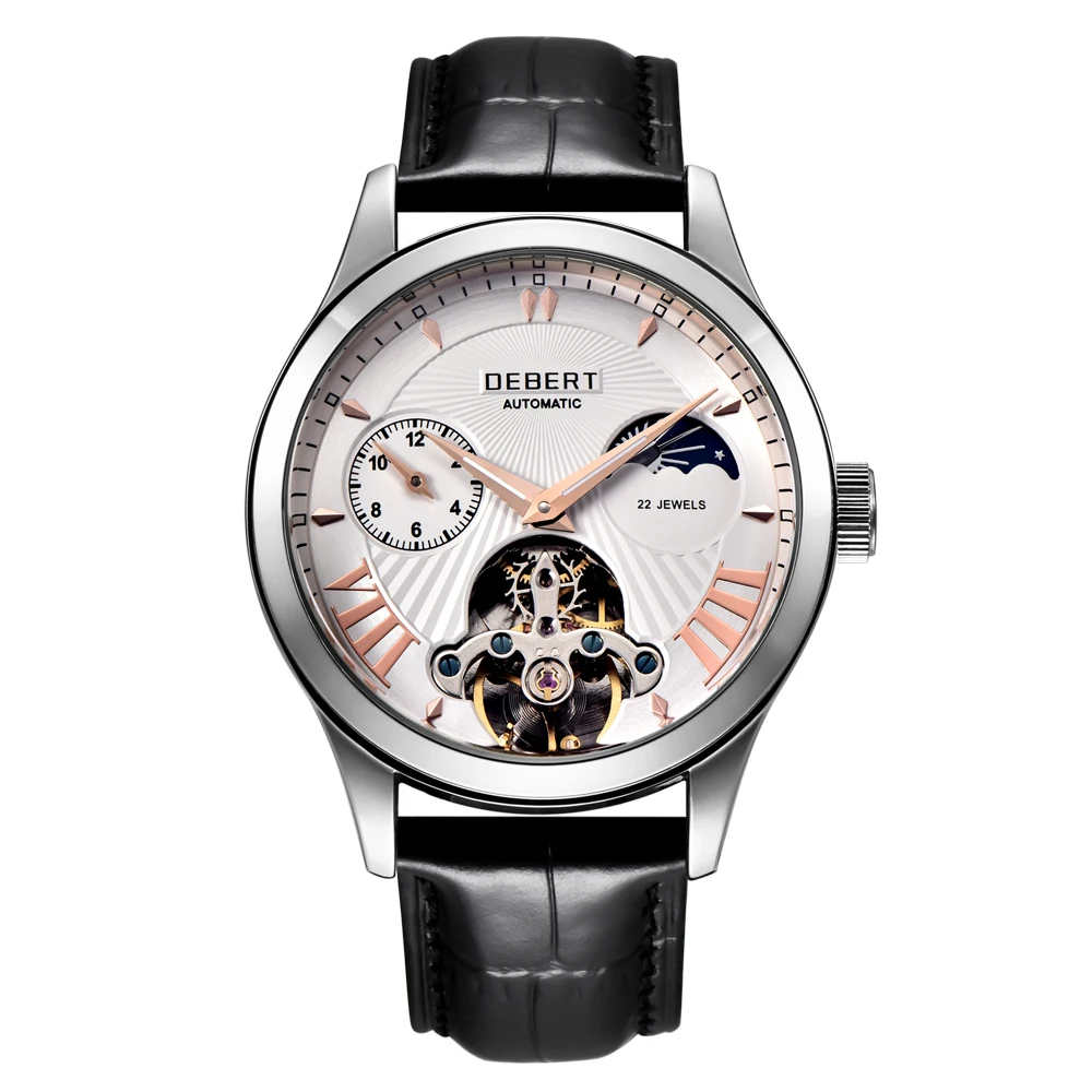 Чехол из сплава с белым циферблатом и золотыми стрелками deber 41 мм Moon Phase Tourbillon 22