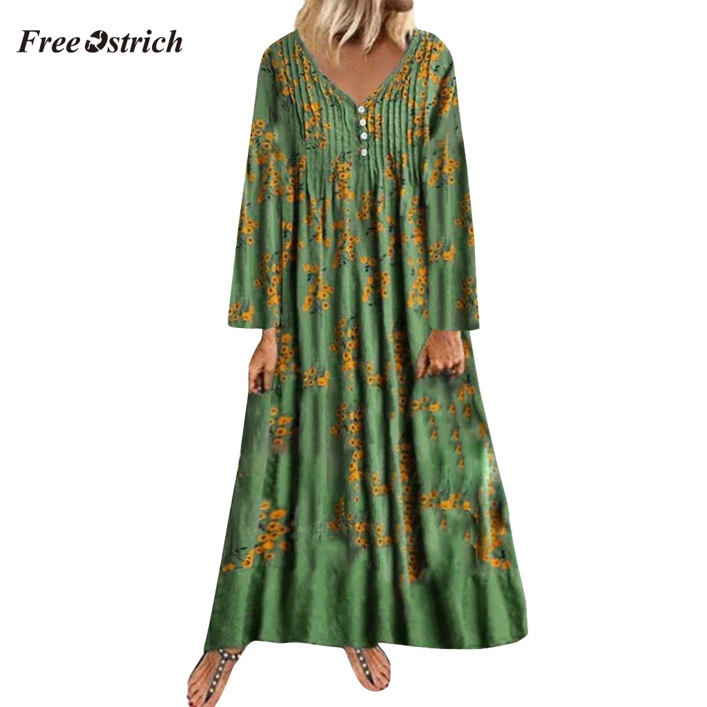 Женское длинное платье с принтом Free Ostrich свободное хлопковое большого размера