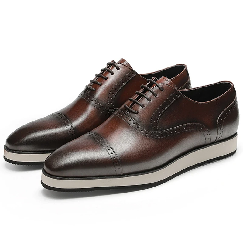 

Athletic Genuine Leather Men's Formal Dress Oxfords Pointed Toe Laces Semi Brogues Handmade Man Flat Platform Shoes FHS207
