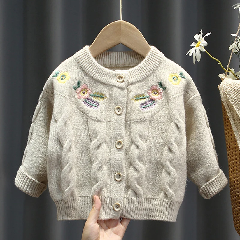 

Embroidery Baby Girls Knitted Sweaters Long Sleeve Girls Autumn Cardigan Infant Sweaters for Cute Toddler 12M-6 Years 2021