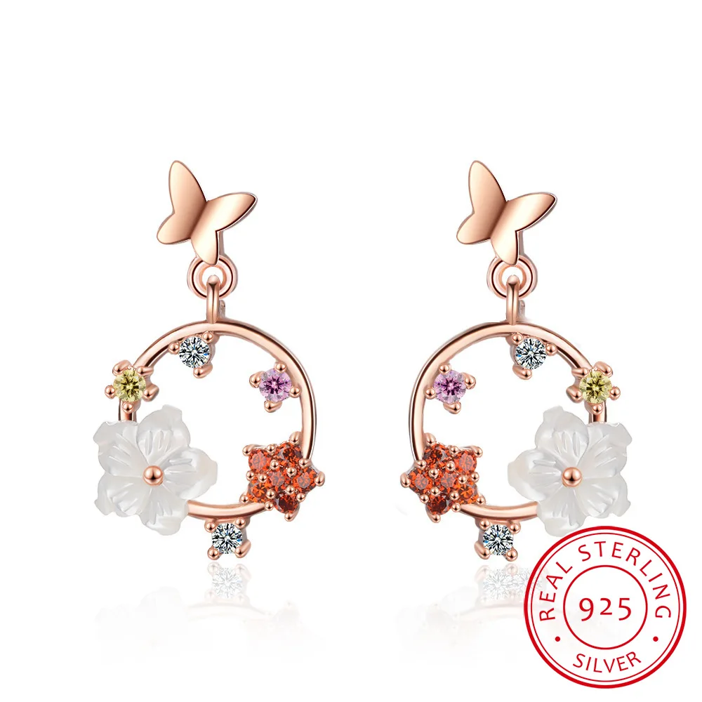 Простые изысканные серьги в виде бабочек и цветов круглые из стерлингового