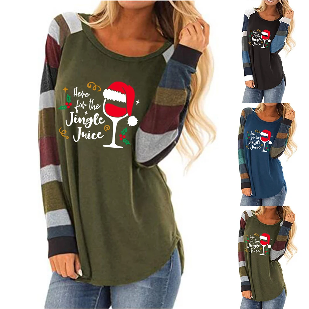 

Women Xmas Long Sleeve Striped T-Shirt Christmas Tee Blouse Crew Neck Casual Top Ladies Outwear Printed Pullover Shirt Clothes