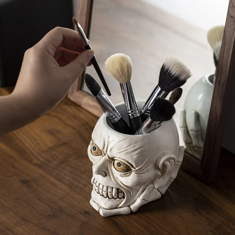 

Skull Head Ornament Skeleton Pen Holder Desktop Flower Pot Pencil Organizer Makeup Storage Multi Purpose Plant Pots