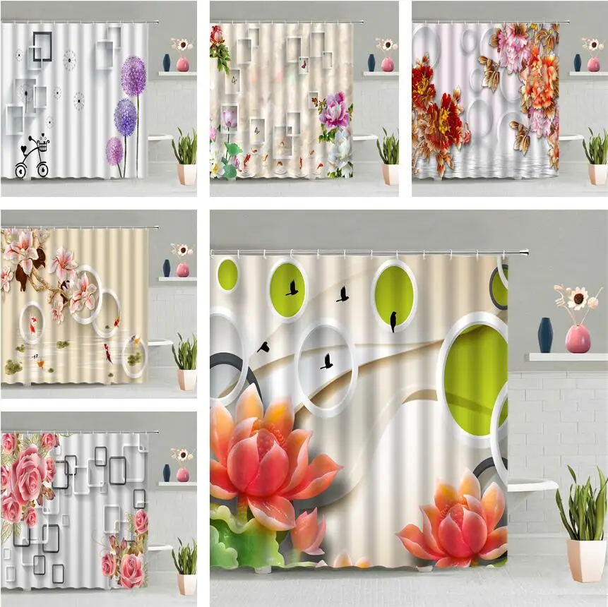 

В виде геометрических фигур Круглые Цветочные душ Шторы цветы и птицы листьев растений Пейзаж Современная Ванная комната Водонепроницаемы...